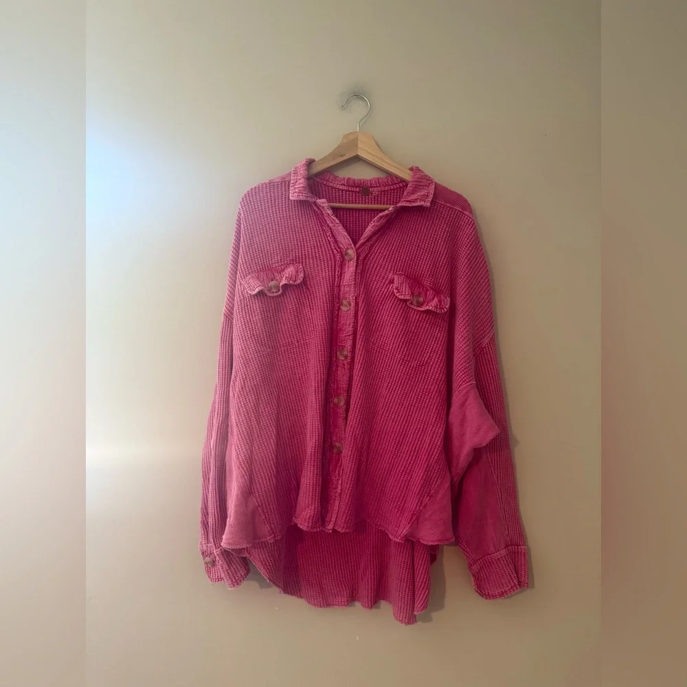 Free People FP One Scout Waffle Knit Button Up Jacket in Pink Phenom‎ Large